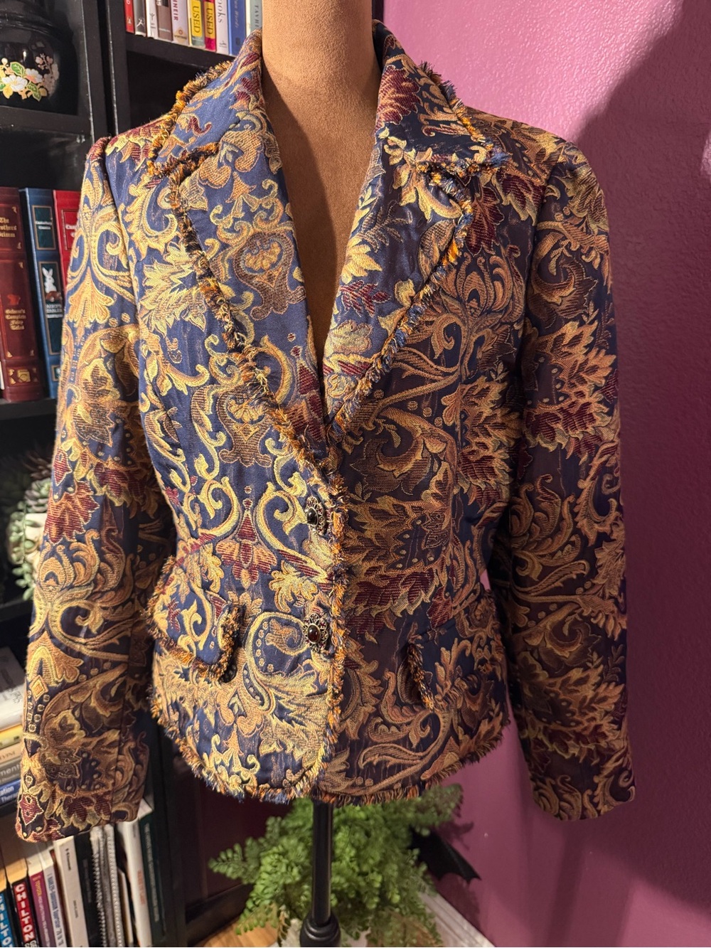 Women’s Navy & Gold Brocade Tailored Jacket- ECI New York old money luxury